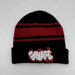 Y2K Hustle Gang Bailey Apparel Knit Beanie SAVAGE Black Red Graffiti Streetwear
